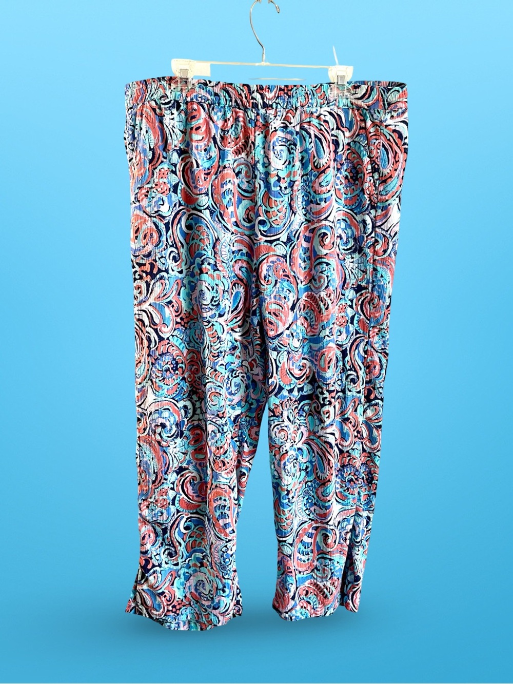 Talbots Wide Leg Cotton Cropped Multicolor Paisley Pull-on Pants SzXL Pockets